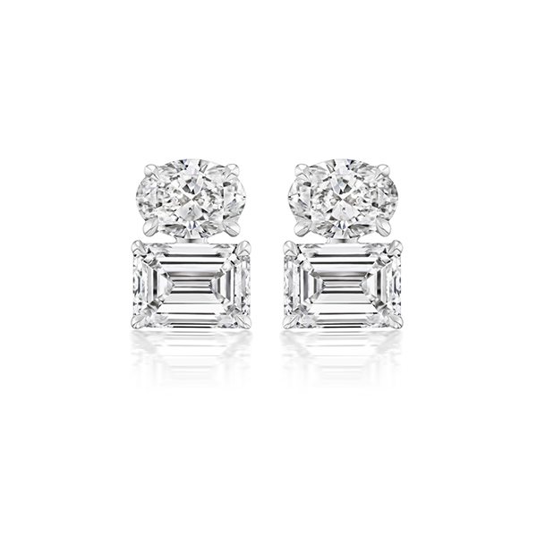 18K Oval & Emerald-Cut Diamond Stud Earrings